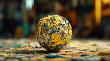 a yellow scrap paper ball covered in vibrant illustrations and paintings, AI generated photo