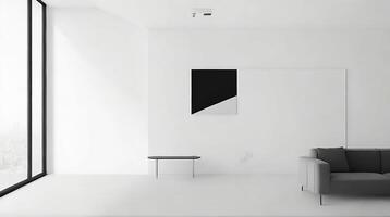 minimalista vivo habitación interior con blanco paredes, hormigón piso, negro sofá y redondo café mesa. 3d representación burlarse de arriba ai generativo foto