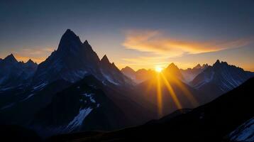 hermosa puesta de sol en el montañas. panorama de el Cáucaso montañas. ai generativo foto