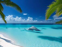 tropical beach in Maldives with palm trees and boat 3d render photo