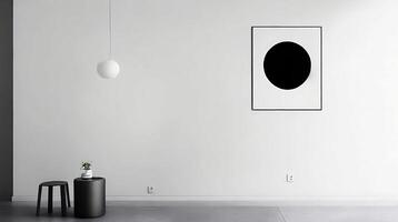 Minimalistic living room interior with white walls, concrete floor, black sofa and round coffee table. 3d rendering mock up photo
