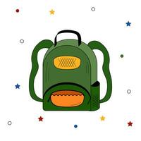 Vector School bag green color isolated on white. Modern school illustration with black outline.