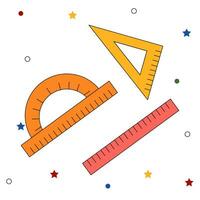 Vector school ruler, triangle, protractor isolated. Modern school illustration with black outline.