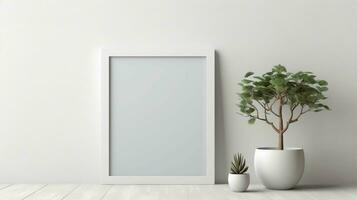 empty square frame mockup positioned on a white wall, AI generated photo