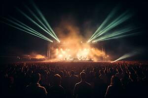 grupo de personas a un concierto multitud. con fiesta luces y fumar. ai generado foto