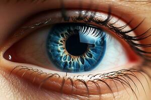 humano ojo con azul color en extremo cerca arriba disparo. ai generado foto