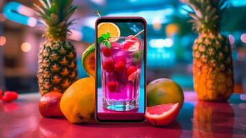 a colorful tropical cocktail with a slice of fresh fruit, AI generated photo