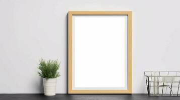 an empty square frame mockup hanging on a white wall in a modern minimalist interior, AI generated photo