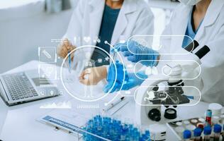 Scientist two woman with tablet and laptop, laboratory and ecofriendly science. Agriculture, research and scientists with online reading, test samples for global warming analytics and tech. photo