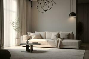 Contemporary living room with a comfortable sofa and empty space, AI Generated photo