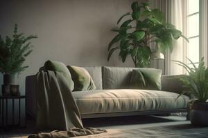 modern living room interior with sofa and potted plant, AI Generated photo