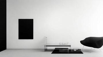 minimalista vivo habitación interior con blanco paredes, hormigón piso, negro sofá y redondo café mesa. 3d representación burlarse de arriba ai generativo foto