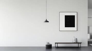 minimalista vivo habitación interior con blanco paredes, hormigón piso, negro sofá y redondo café mesa. 3d representación burlarse de arriba ai generativo foto