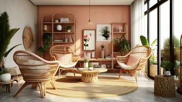 a cozy lounge chair and a stylish dining set, AI generated photo
