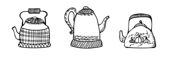 Hand drawn teapots set. Doodle style teapots and coffee kettles isolated on white background. Vector illustration on tea time icons for cafe and restaurant menu design.