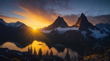 hermosa puesta de sol en el montañas. panorama de el Cáucaso montañas. ai generativo foto