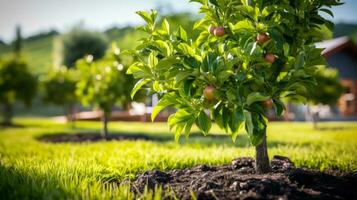 dwarf columnar green apple trees in the garden generative ai photo