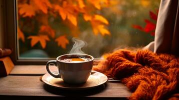 warm autumn day with a cup of coffee generative ai photo
