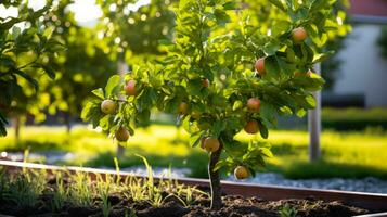 dwarf apple trees in the green summer garden generative ai photo