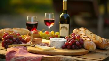 festivo mesa con sabroso vino y aperitivos en francés uva plantaciones generativo ai foto