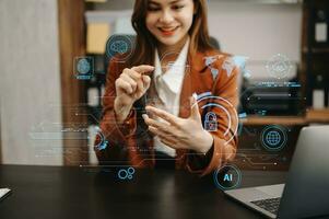 Network security. woman using digital tablet and computer with digital padlock for data protection, internet technology networking and cyber security technology photo
