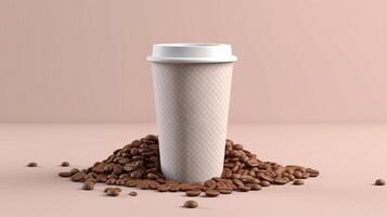 coffee cup at the top of coffee beans on pastel background. photo