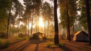 amanecer en un terreno de camping en un bosque. generativo ai foto