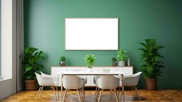 A mockup for a single frame tv white screen, Soft green wall, office meeting room. Generative Ai photo