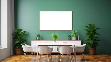 A mockup for a single frame tv white screen, Soft green wall, office meeting room. photo