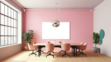A mockup for a single frame tv white screen, Soft pink wall, office meeting room. Generative Ai photo