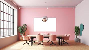 A mockup for a single frame tv white screen, Soft pink wall, office meeting room. photo