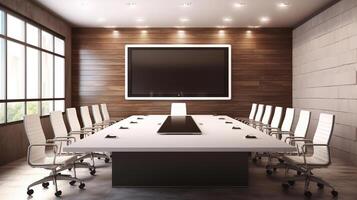 conference room or meeting room with a screen on the wall. photo
