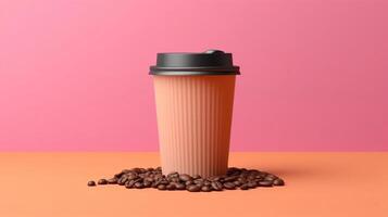 coffee cup at the top of coffee beans on pastel background. photo