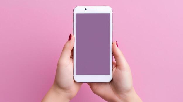 mujer utilizando inteligente teléfono en rosado fondo.. generativo ai foto