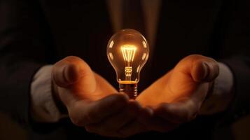 Businessman holds illuminated light bulb, symbolizing idea, innovation and inspiration. Generative Ai photo