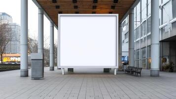 Public shopping center mall or business center advertisement board space as empty blank white mockup signboard with copy space area. Generative Ai photo