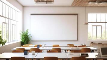 conference room or meeting room with a screen on the wall. photo