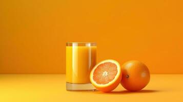 Creative layout made from fresh orange fruit and a glass of orange juice on a pastel orange background. Generative Ai photo