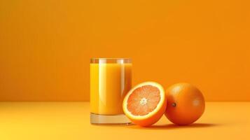 Creative layout made from fresh orange fruit and a glass of orange juice on a pastel orange background. photo