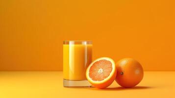 Creative layout made from fresh orange fruit and a glass of orange juice on a pastel orange background. Generative Ai photo