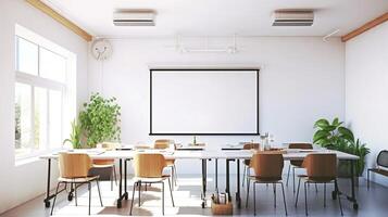 conference room or meeting room with a screen on the wall. photo