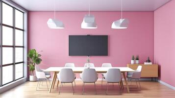 A mockup for a single frame tv  white screen, Soft pink wall, office meeting room. Generative Ai photo