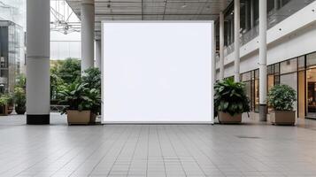 Public shopping center mall or business center advertisement board space as empty blank white mockup signboard with copy space area. Generative Ai photo