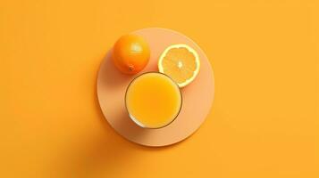 Creative layout made from fresh orange fruit and a glass of orange juice on a pastel orange background. Generative Ai photo