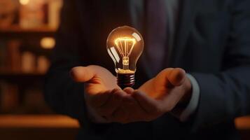 Businessman holds illuminated light bulb, symbolizing idea, innovation and inspiration. photo