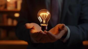 Businessman holds illuminated light bulb, symbolizing idea, innovation and inspiration. Generative Ai photo