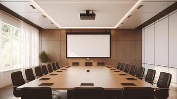 conference room or meeting room with a screen on the wall. photo