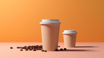 coffee cup at the top of coffee beans on pastel background. photo