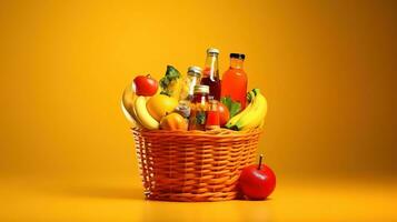 Supermarket basket with foods right position on yellow background. Generative Ai photo