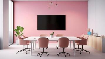 A mockup for a single frame tv white screen, Soft pink wall, office meeting room. photo